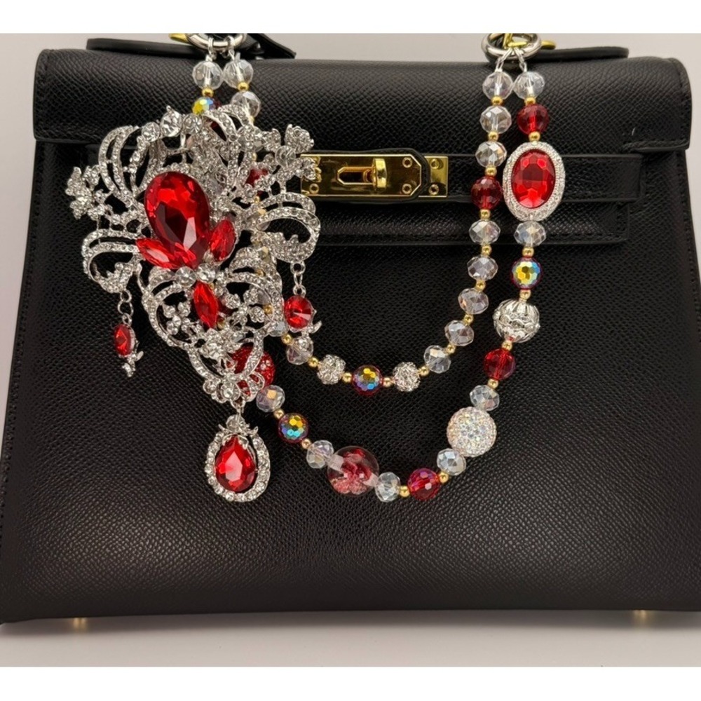 Red Silver Big Brooch Bag Charm Crystal Beaded Purse Charm Rhinestone Keychain
